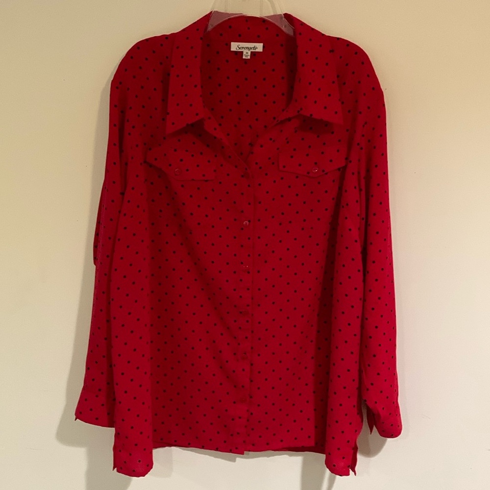 Serengeti Long Sleeve Button Down Blouse, Red with Black polka dots, size 2X